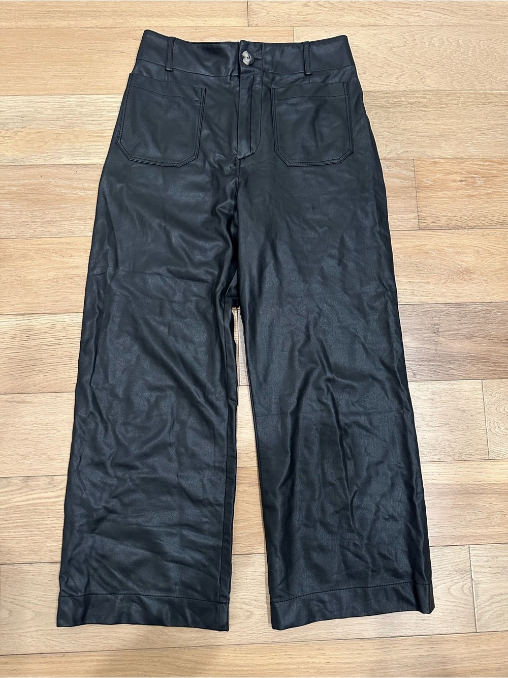 Maeve By Anthropologie The Colette Faux Leather Crop Wide-Leg Pants Sz 28 Black